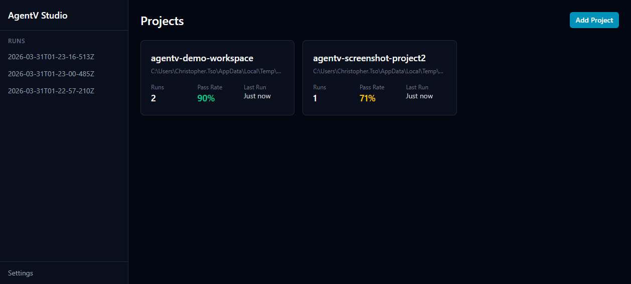 AgentV Studio multi-project dashboard showing project cards with pass rates